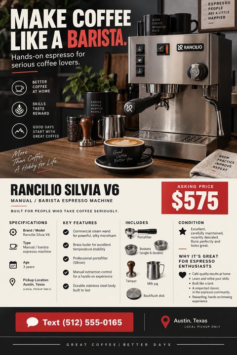 Flyer advertising an espresso machine for sale. Top half shows a photo of a stainless steel espresso machine on a wooden counter with a cup of latte art. Text reads 'Make coffee like a barista.' Bottom half lists specifications, key features.
