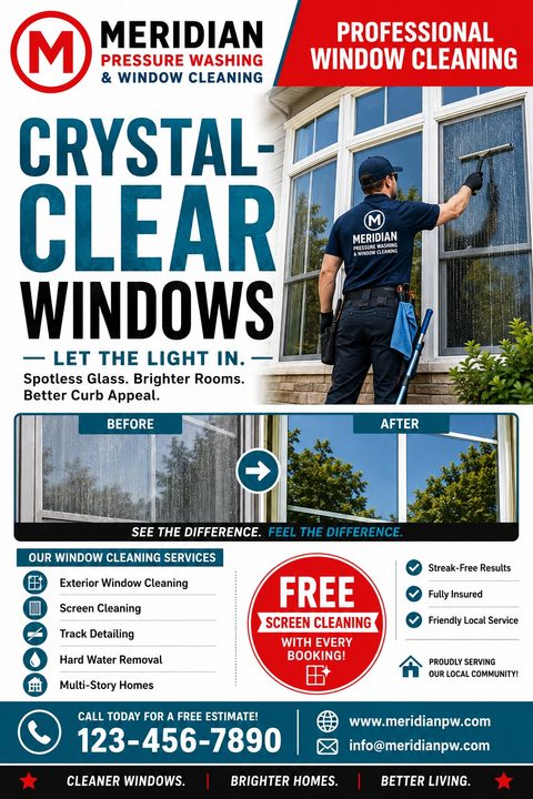 Window cleaning flyer template with a large photo of a worker squeegeeing a window, a before-and-after photo comparison of dirty and clean glass, a list of services, and a red circle offering free screen cleaning.