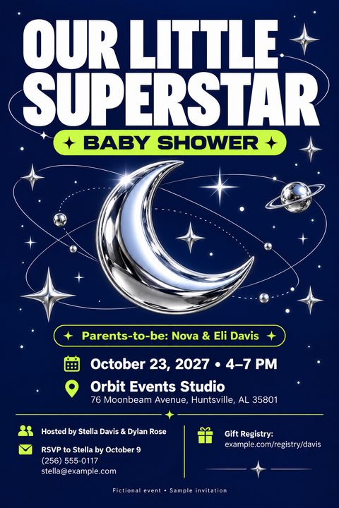 Baby shower invitation flyer with a deep blue background, a large metallic crescent moon, stars, and planets. Text reads 'Our Little Superstar Baby Shower' with event details below.