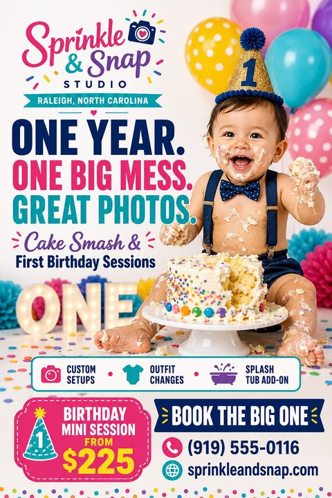 A colorful flyer for a photography studio featuring a smiling baby covered in cake next to a smashed cake. Text promotes Cake Smash & First Birthday Sessions with pricing and contact details.