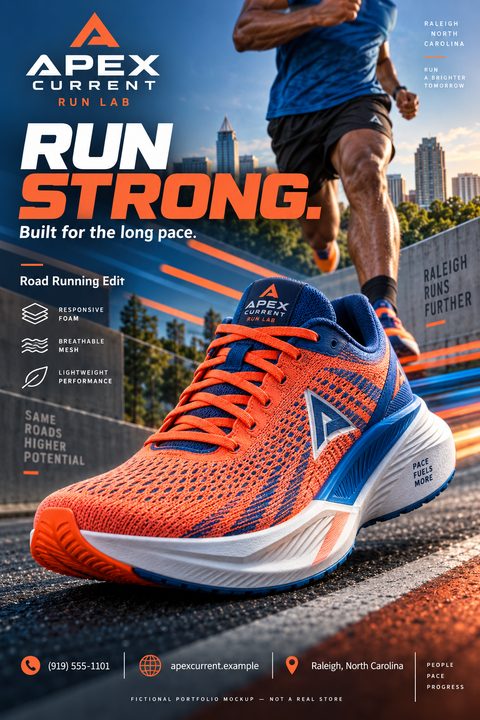 A dynamic flyer featuring a large, bright orange and blue running shoe in the foreground. In the background, a runner is in motion against a city skyline. Text highlights product features.