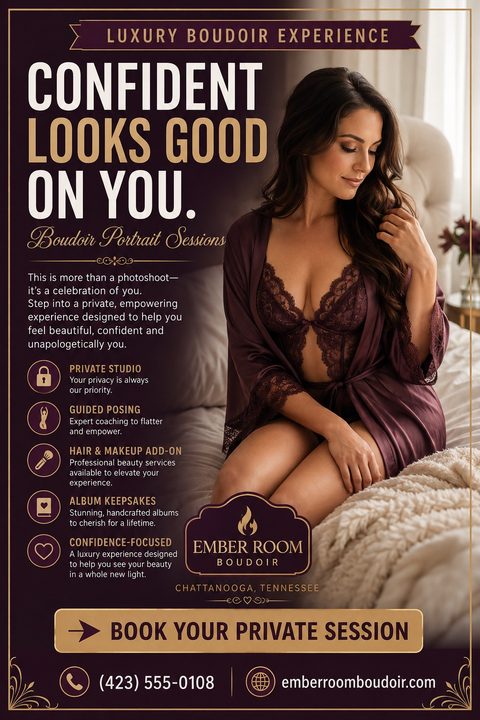 A boudoir photography flyer with a dark plum background and gold text. It features a large photo of a woman in lingerie sitting on a bed, alongside service details and contact information.