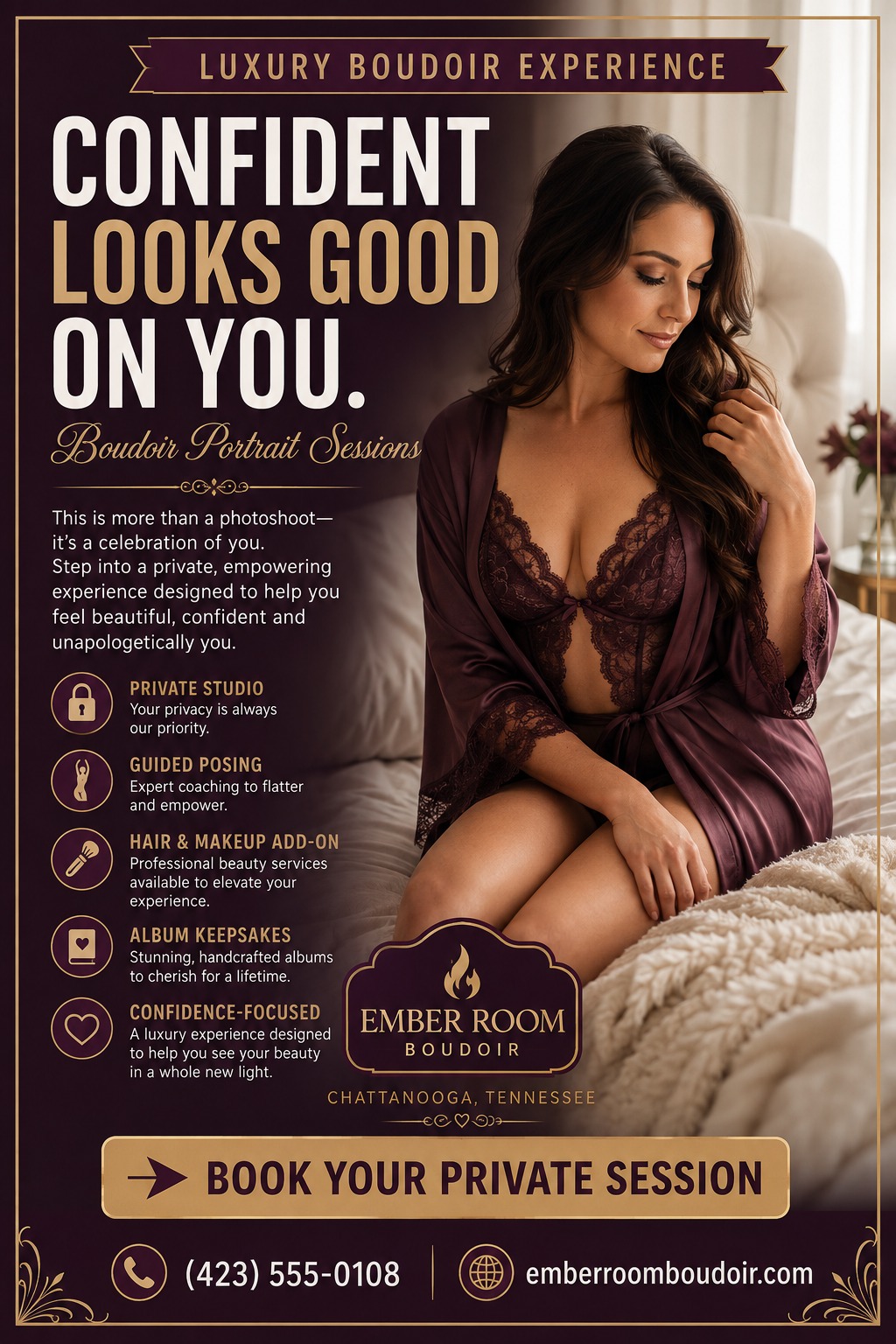 A boudoir photography flyer with a dark plum background and gold text. It features a large photo of a woman in lingerie sitting on a bed, alongside service details and contact information.
