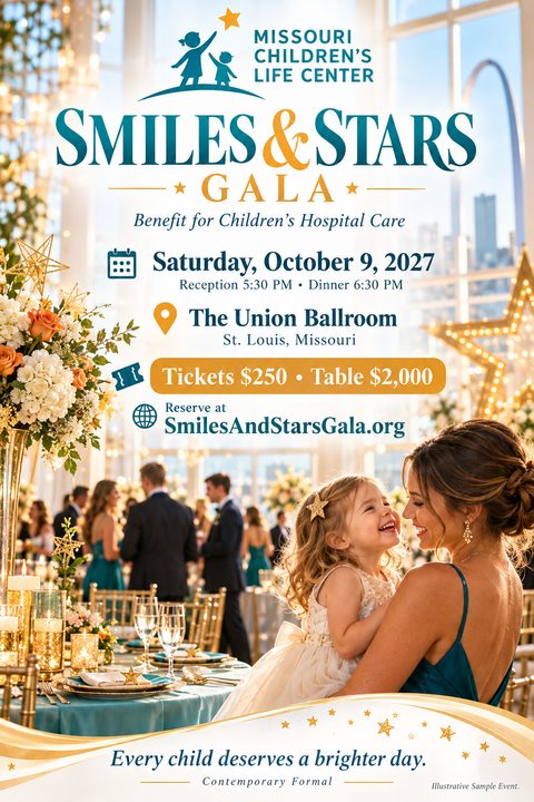 A formal fundraising gala flyer featuring a mother and child smiling at a beautifully decorated table with starry accents. Text reads 'Smiles & Stars Gala, Benefit for Children's Hospital Care'.