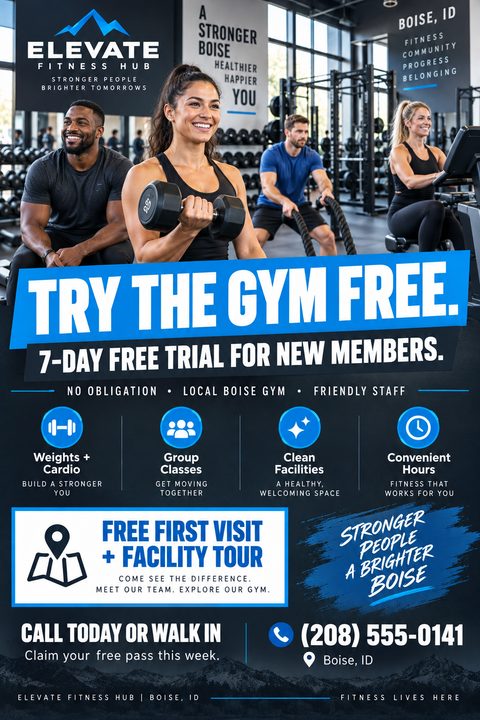 A gym promotional flyer featuring a large photo of people working out, a bold blue banner reading 'TRY THE GYM FREE', feature icons, and contact details on a dark background.