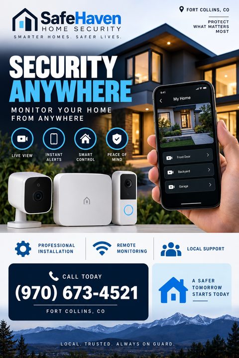 A flyer for a home security company featuring a modern house at dusk, a hand holding a smartphone showing a security app, and images of security cameras and a hub. Text reads 'Security Anywhere' and lists features like live view and instant alerts.
