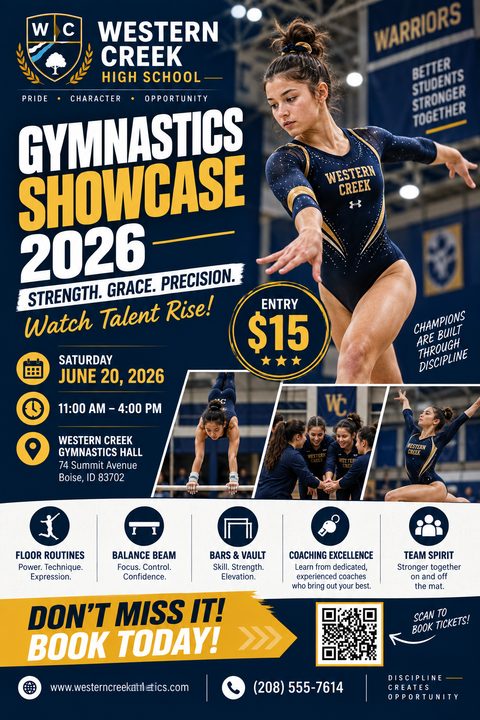 A flyer for a gymnastics showcase featuring a large photo of a gymnast in a navy and gold leotard, with smaller photos of gymnasts performing and a team huddle. The text includes event details, ticket price, and a QR code.