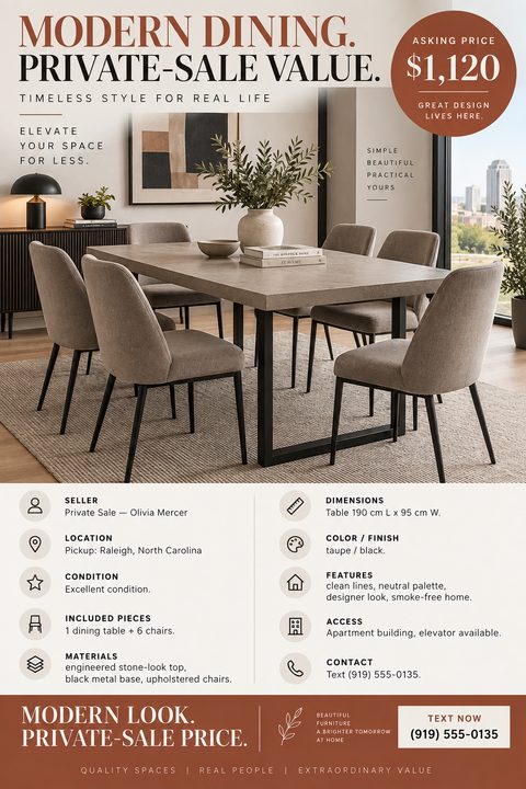 Flyer for a private sale of a modern dining table and chairs. A large photo shows the furniture in a bright room. Below, a grid lists seller details, location, condition, dimensions, and contact info.