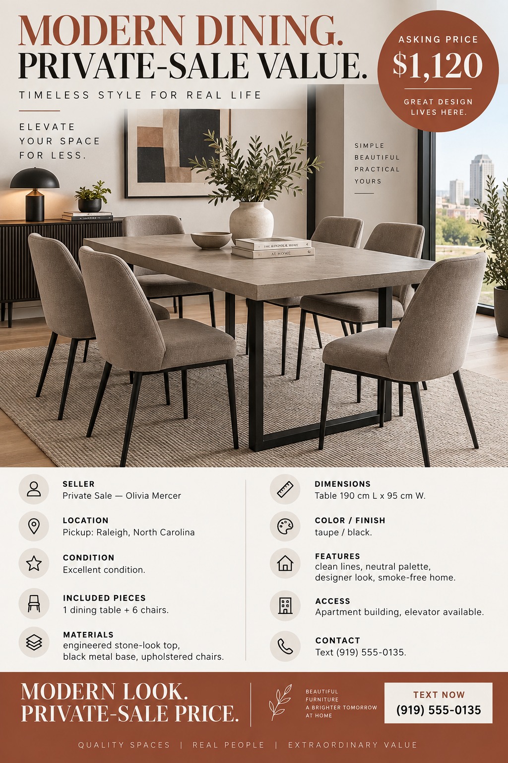 Flyer for a private sale of a modern dining table and chairs. A large photo shows the furniture in a bright room. Below, a grid lists seller details, location, condition, dimensions, and contact info.