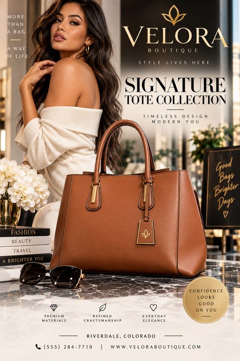 A fashion boutique flyer featuring a large brown leather tote bag on a marble table, with a woman in a white off-the-shoulder top in the background. The text reads 'Velora Boutique Signature Tote Collection'.