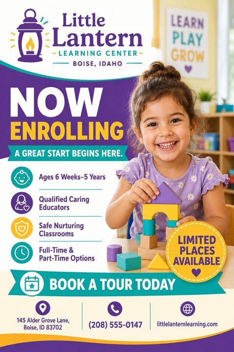 Flyer for Little Lantern Learning Center in Boise, Idaho. Headline says 'Now Enrolling'. Features a smiling young girl playing with wooden blocks. Lists features like ages 6 weeks to 5 years, qualified educators, safe classrooms, and flexible.