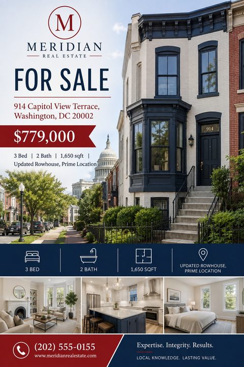 Real estate for sale flyer featuring a large exterior photo of a rowhouse, a navy blue bar with property icons, three smaller interior photos, and a red price tag.