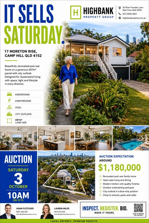 A real estate auction flyer with a bold blue and lime green color scheme. It features a large exterior house photo, four smaller interior and pool photos, property features, auction details, and agent headshots.