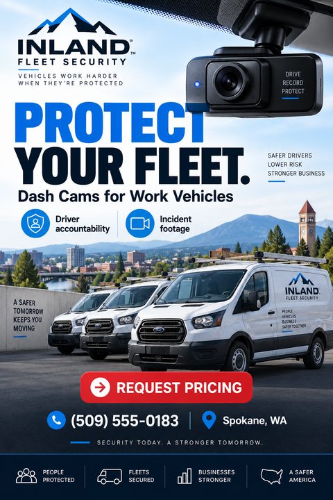 A fleet security flyer featuring a dash cam graphic at the top, bold blue text reading Protect Your Fleet, and a photo of three white work vans parked in a city with mountains.