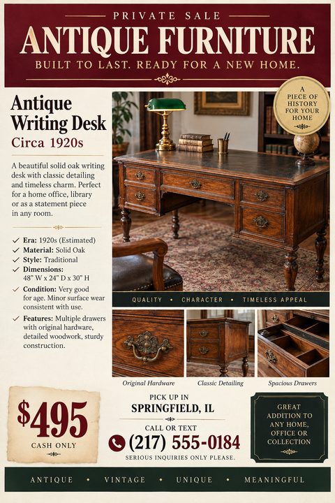 Flyer for a private sale of antique furniture, featuring a large photo of a 1920s writing desk and three smaller detail photos of the hardware and drawers. The design is classic with a deep red header and cream background.