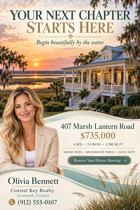 Real estate flyer featuring a coastal home at sunset with a wraparound porch, a large portrait of a female agent, property details, and elegant wavy graphic dividers in green and cream.