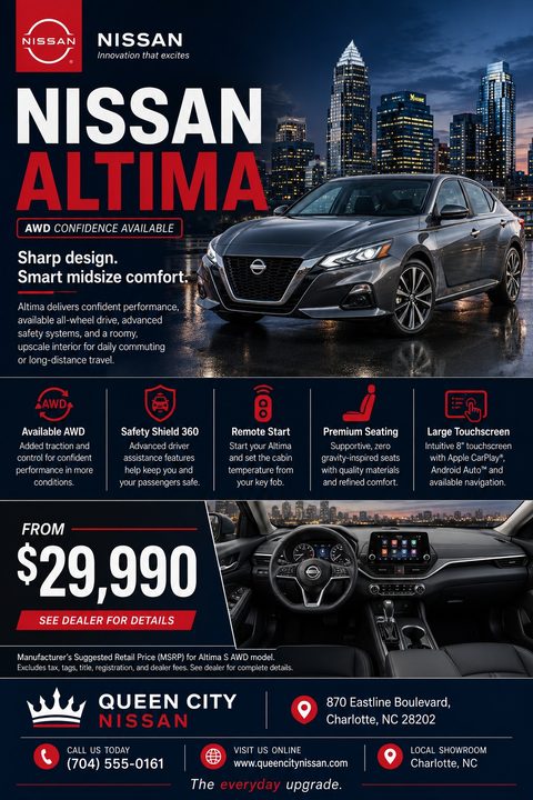 A car dealership flyer featuring a dark grey sedan against a nighttime city skyline. Below are five red icons highlighting car features, a large price tag, and a dark blue footer with contact details.