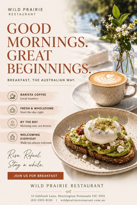 A breakfast cafe flyer featuring avocado toast with a poached egg and a latte on an outdoor table. Text reads 'Good Mornings. Great Beginnings.' in rust and brown on a cream background.
