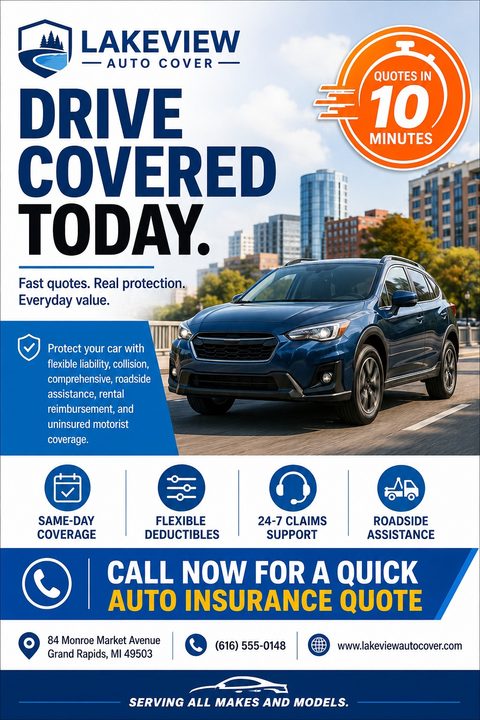 A professional auto insurance flyer featuring a blue SUV driving in a city. It includes a bold 'Drive Covered Today' headline, an orange 'Quotes in 10 Minutes' badge, and icons for coverage benefits.