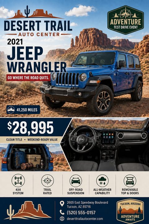 A flyer for Desert Trail Auto Center advertising a 2021 Jeep Wrangler for $28,995. It features a large photo of a blue Jeep in a desert landscape, smaller photos of the interior and trunk, and icons highlighting features like 4x4 and trail rated.