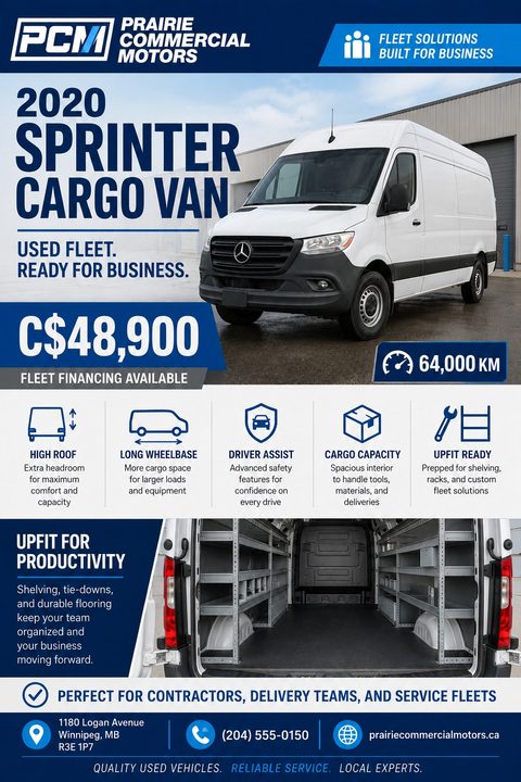 Flyer for a commercial van sale featuring a large white cargo van photo, a blue header, a grid of feature icons, an interior cargo space photo, and contact details at the bottom.
