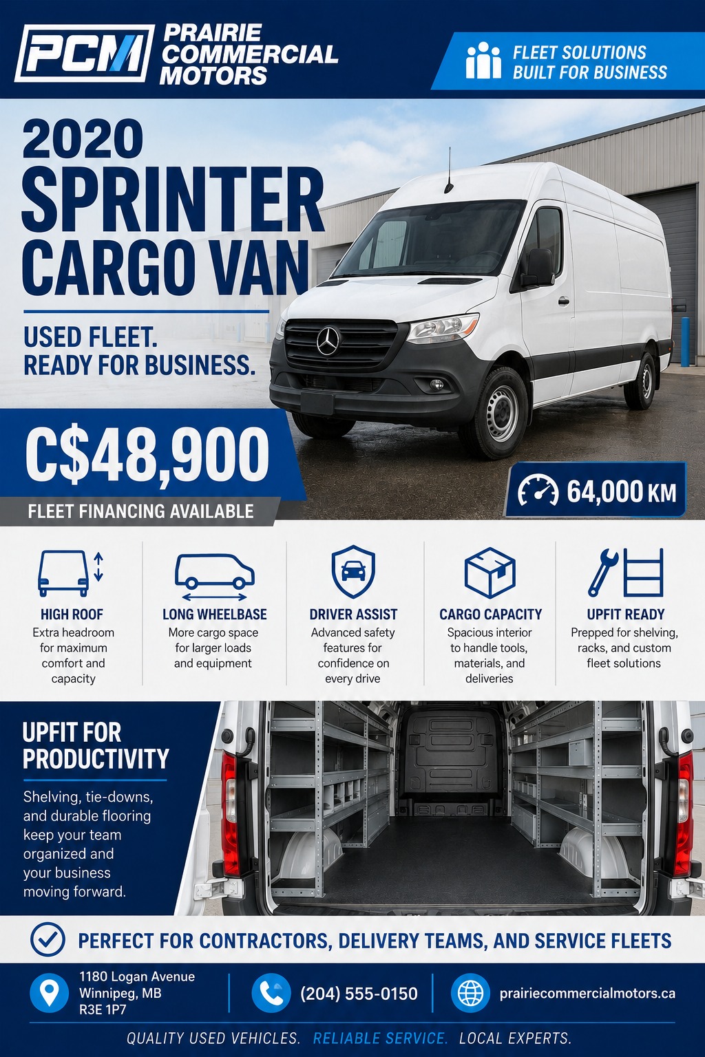 Flyer for a commercial van sale featuring a large white cargo van photo, a blue header, a grid of feature icons, an interior cargo space photo, and contact details at the bottom.