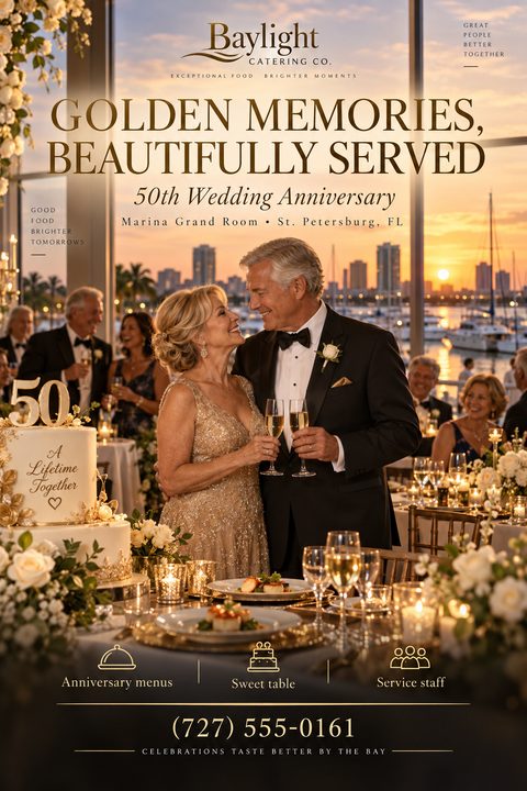 A catering flyer featuring an older couple toasting with champagne at a sunset marina event. Elegant gold text highlights anniversary menus, sweet tables, and service staff, with a large decorated cake visible.