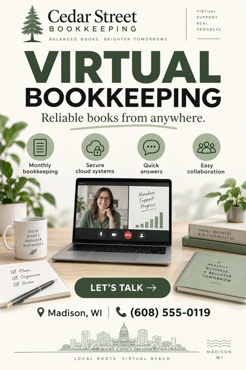 A flyer for virtual bookkeeping services showing a desk with a laptop displaying a video call, a coffee mug, notebook, and books, with icons for monthly bookkeeping, secure cloud systems, quick answers, and easy collaboration.