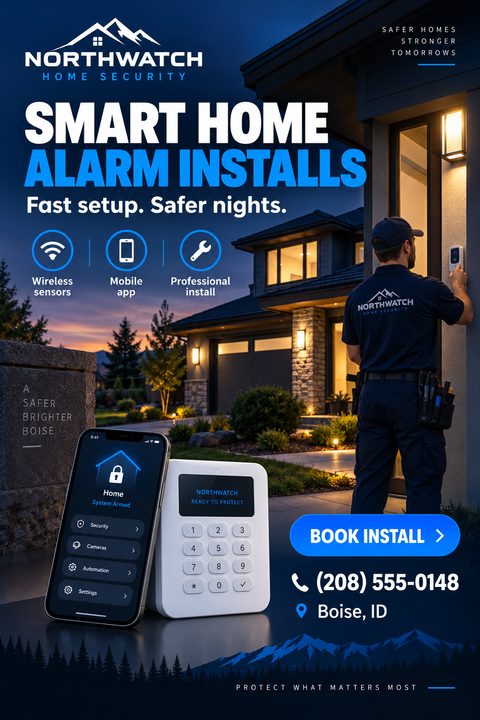 A home security flyer featuring a technician installing a smart doorbell at twilight, with a smartphone app and keypad displayed prominently. Text reads 'Smart Home Alarm Installs'.