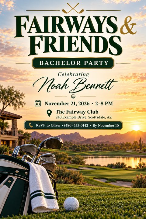 A golf-themed bachelor party flyer featuring a golf bag and ball in the foreground against a scenic golf course at sunset. Elegant dark green and gold text displays event details.