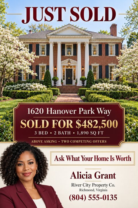 A real estate 'Just Sold' flyer featuring a large photo of a brick colonial home. A burgundy banner with gold text displays the sold price. The bottom section includes an agent's headshot and contact details.