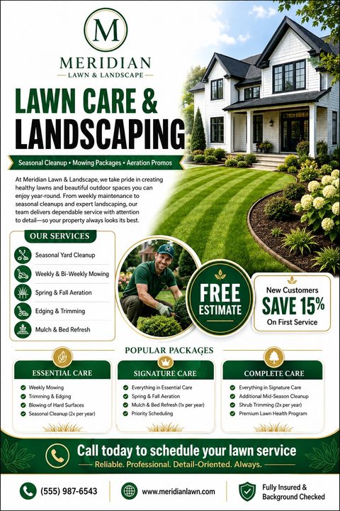 A professional landscaping flyer with a dark green and gold color scheme. It features a large photo of a manicured lawn, a landscaper portrait, service lists, pricing packages, and a free estimate badge.