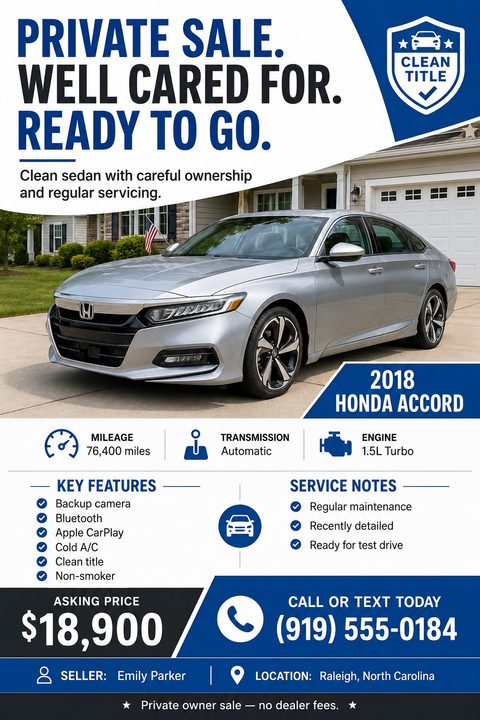 A private car sale flyer featuring a large photo of a silver sedan, bold blue headings, icons for mileage and transmission, bulleted feature lists, and a prominent asking price and phone number.