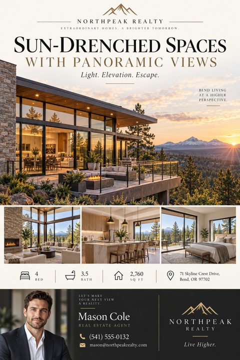 A luxury real estate flyer featuring a large photo of a modern home with mountain views at sunset, three smaller interior photos, property details, and a real estate agent's headshot and contact information.