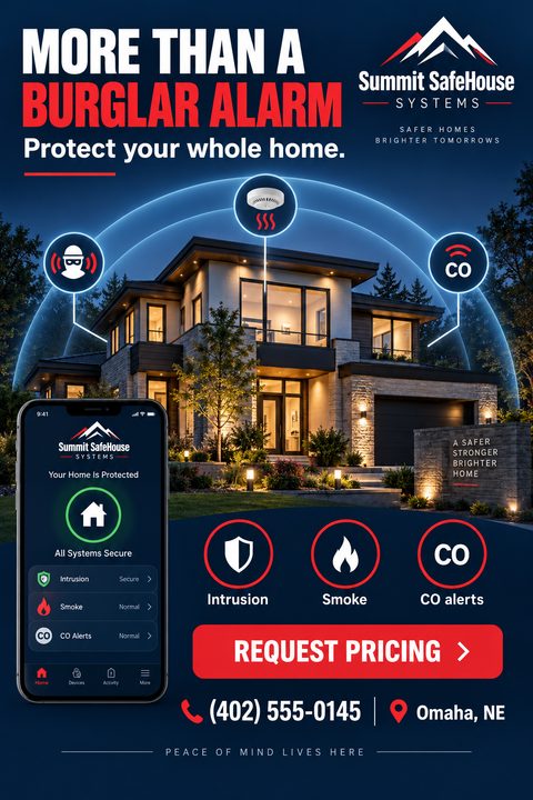 A home security flyer featuring a modern two-story house at night under a glowing blue protective dome. Icons highlight intrusion, smoke, and CO alerts, alongside a smartphone displaying a security app interface.