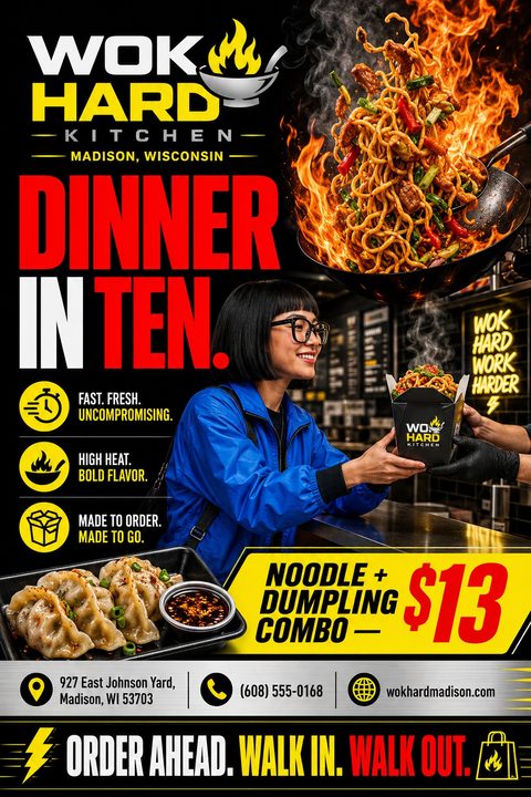 Flyer for an Asian takeout restaurant featuring a woman receiving a takeout box, a fiery wok tossing noodles, and a plate of dumplings. Bold red and yellow text highlights a combo deal.