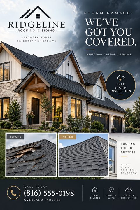 A roofing flyer featuring a house under stormy clouds and before-and-after photos of a damaged and repaired shingle roof. Text offers a free storm inspection. Colors are navy, white, and gold.