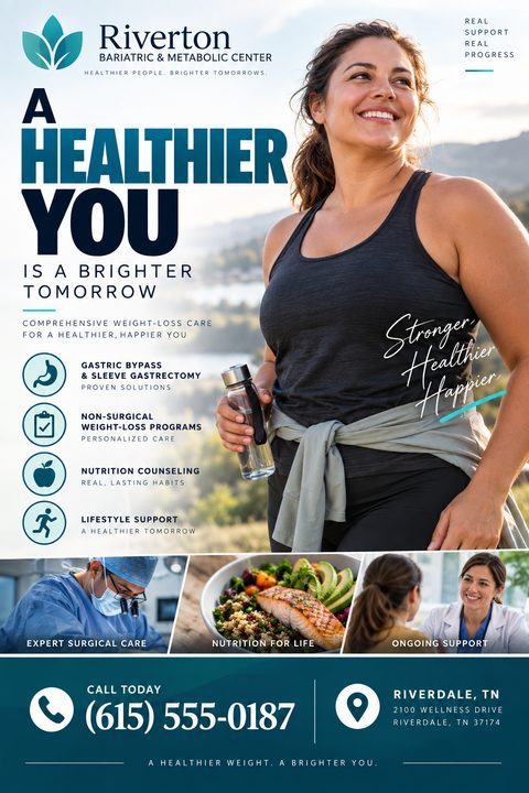 A flyer for a bariatric and metabolic center. A large photo shows a smiling woman outdoors holding a water bottle. Below are icons for services like gastric bypass, non-surgical programs, nutrition counseling, and lifestyle support. Three smaller.