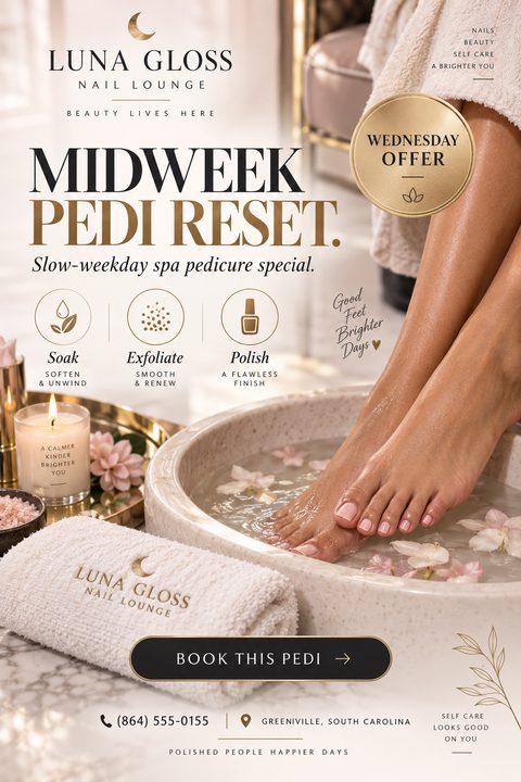 A flyer for Luna Gloss Nail Lounge advertising a 'Midweek Pedi Reset' special. The design features a photo of feet soaking in a floral bath, with gold accents and icons for soak, exfoliate, and polish.
