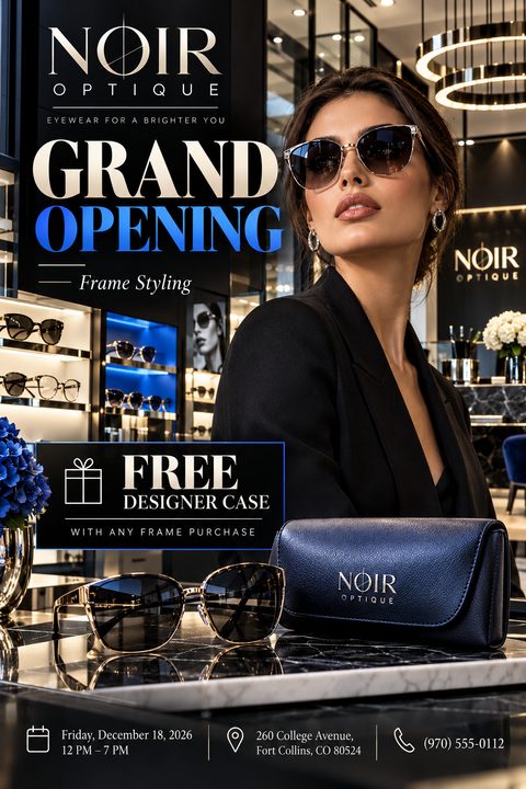 A grand opening flyer for an eyewear store. A woman wearing sunglasses is in the background. In the foreground, a pair of sunglasses and a designer case sit on a marble counter. Text reads 'Grand Opening' and 'Free Designer Case'.