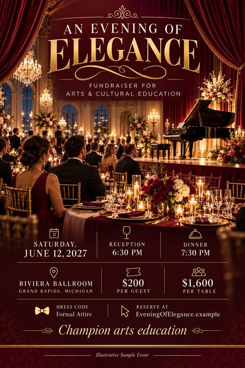 A formal gala fundraiser flyer featuring a luxurious ballroom setting with a grand piano on stage, elegantly set dining tables, red curtains, and gold typography detailing event information and ticket prices.