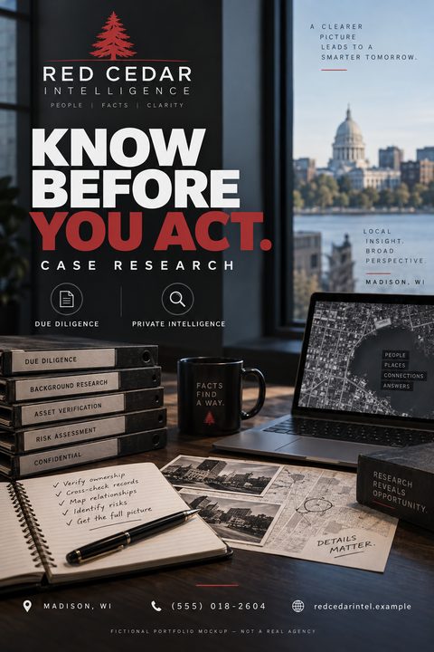 Flyer template for a private intelligence agency. The background shows a desk with a laptop, files, a notebook, and a coffee mug, looking out a window at a city skyline. Text reads 'Know Before You Act. Case Research.'