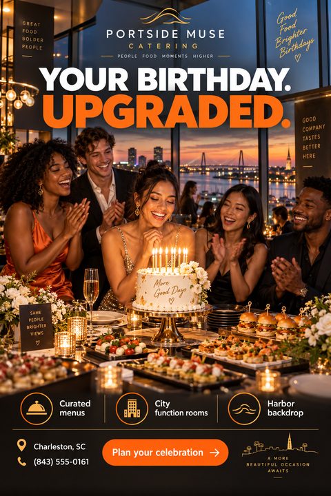 A flyer for birthday catering featuring a large photo of friends celebrating around a cake and catered food with a harbor view at sunset. Bold orange text reads 'YOUR BIRTHDAY. UPGRADED.'