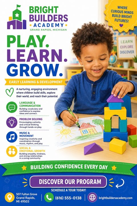 Flyer for an early learning academy featuring a young boy drawing and playing with blocks. Text reads 'Play. Learn. Grow.' with sections detailing language, problem-solving, music, and social growth.