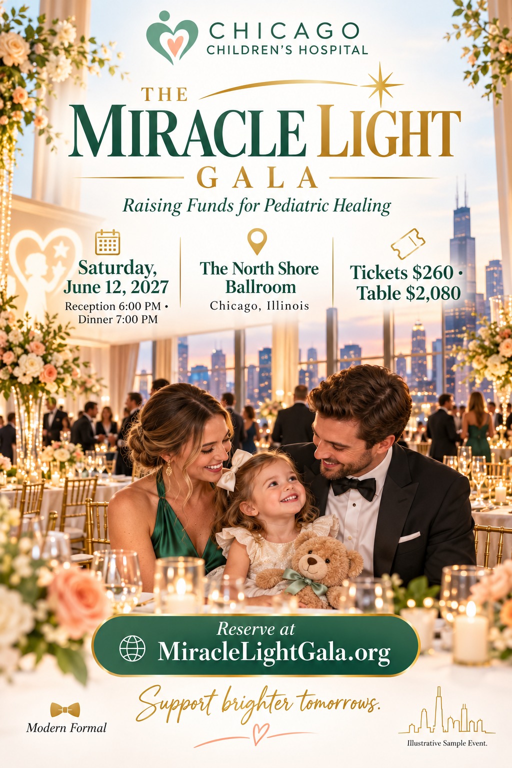 Elegant flyer for a charity gala featuring a photo of a family at a formal dinner with a city skyline in the background. Text includes event details, ticket prices, and a website to reserve.