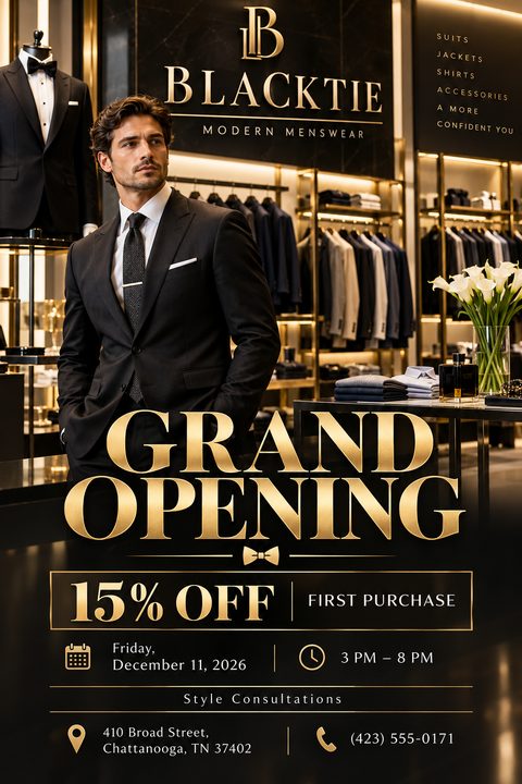 Flyer for a grand opening featuring a man in a black suit standing in a high-end menswear store. Large gold text reads 'GRAND OPENING' with a 15% off first purchase offer.
