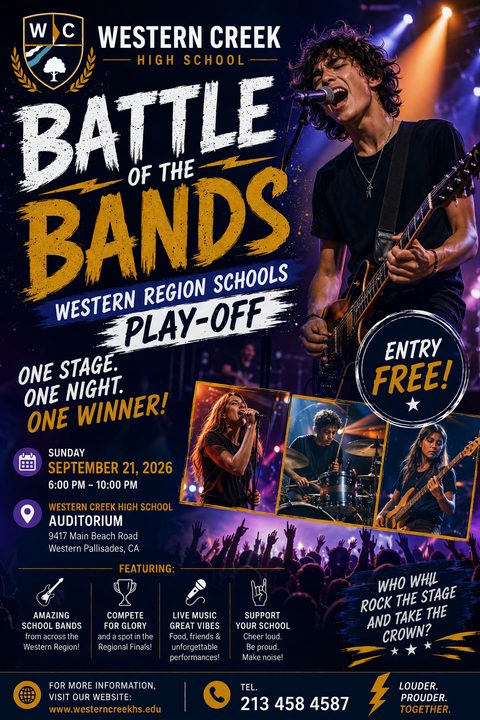 A dark, energetic flyer for a Battle of the Bands event featuring a collage of musicians performing live, a silhouette of a cheering crowd, and bold, distressed typography in white and gold.