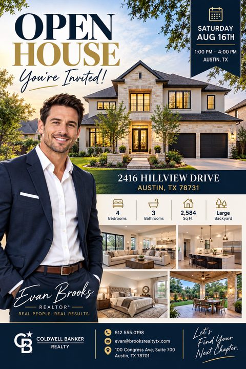 A real estate open house flyer featuring a large exterior house photo, a prominent male agent portrait, four smaller interior photos, property icons, and text in navy blue and gold.