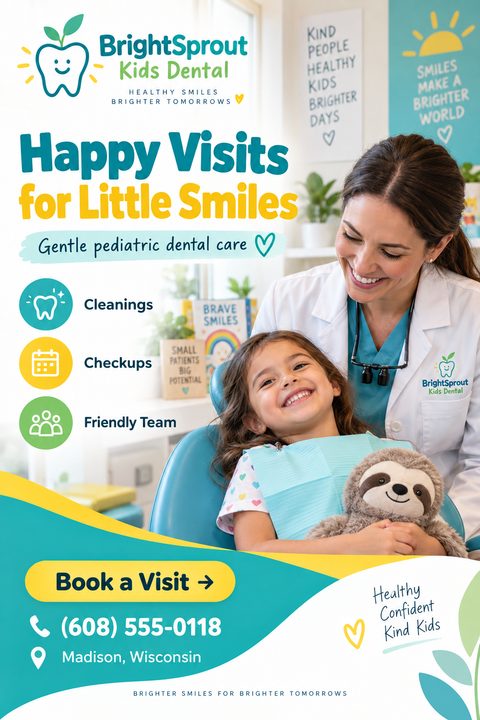 A cheerful flyer for a kids' dental clinic featuring a smiling girl in a dental chair with a friendly dentist. It uses bright teal, yellow, and green colors with playful icons.