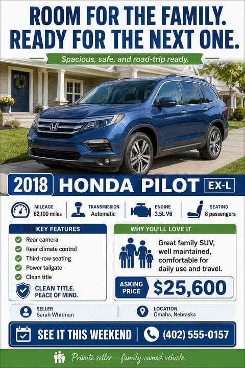 Flyer for a private car sale featuring a large photo of a blue SUV, key specs like mileage and engine, a list of features, asking price, and seller contact info.